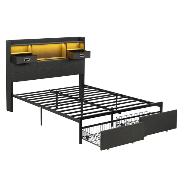 Artiss Queen Bed Frame with Storage Drawers & Headboard, 2 Drawer, USB, LED Awezingly