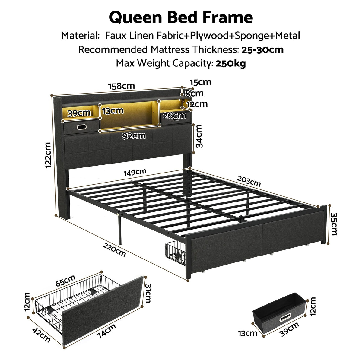 Artiss Queen Bed Frame with Storage Drawers & Headboard, 2 Drawer, USB, LED Awezingly