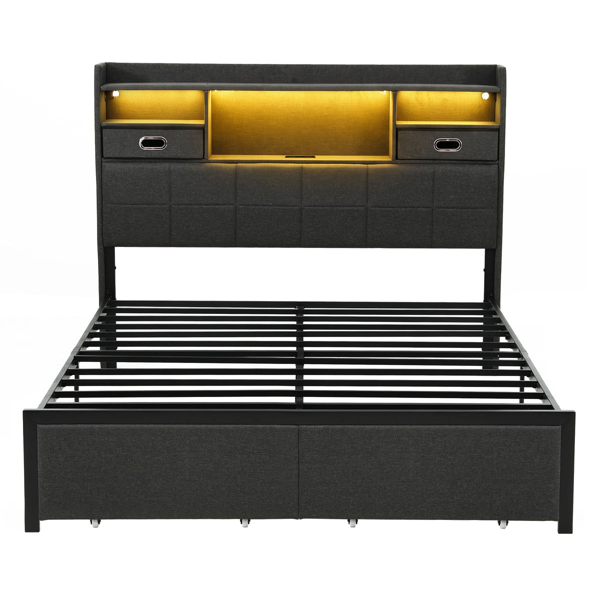Artiss Queen Bed Frame with Storage Drawers & Headboard, 2 Drawer, USB, LED Awezingly