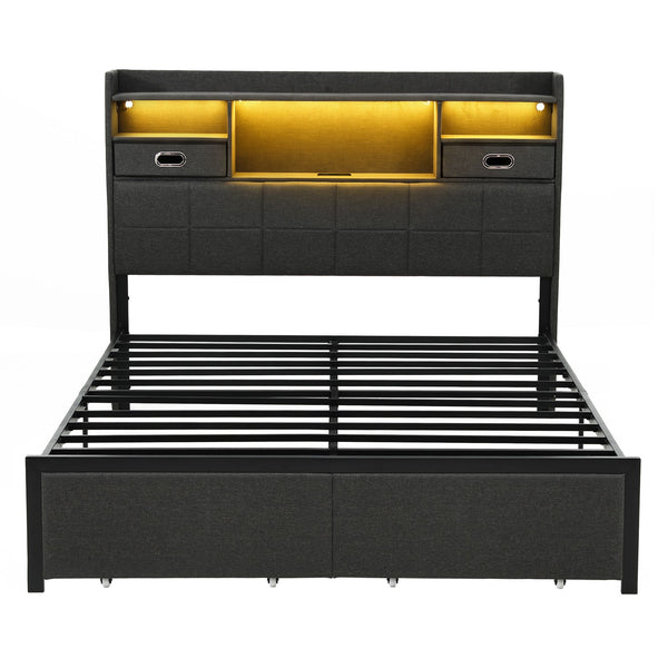 Artiss Queen Bed Frame with Storage Drawers & Headboard, 2 Drawer, USB, LED Awezingly
