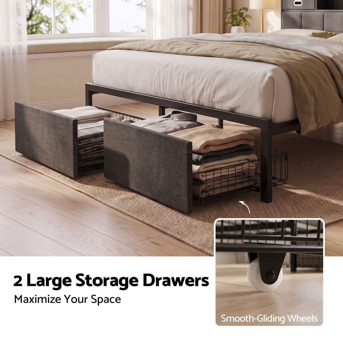 Artiss Queen Bed Frame with Storage Drawers & Headboard, 2 Drawer, USB, LED Awezingly