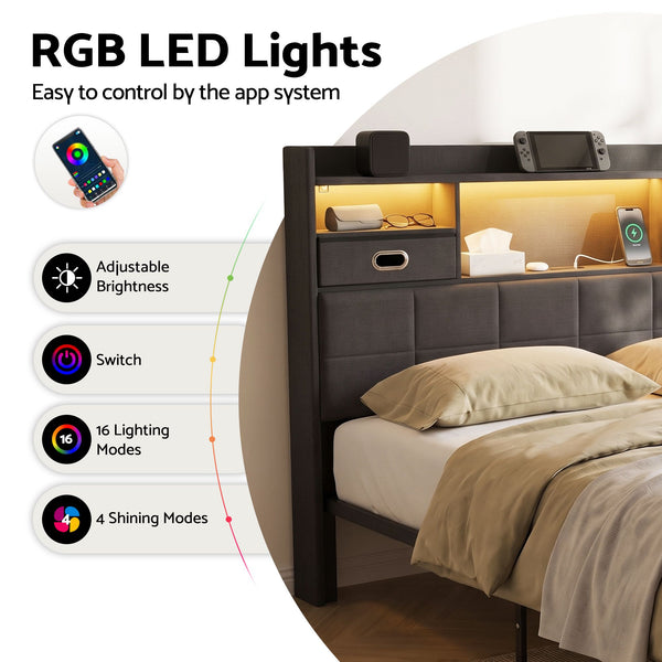 Artiss Queen Bed Frame with Storage Drawers & Headboard, 2 Drawer, USB, LED Awezingly