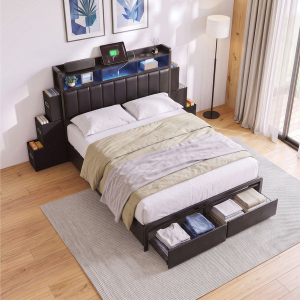 Artiss Double Bed Frame with Storage Headboard, 2 Drawers, Charging Station LED Light Awezingly