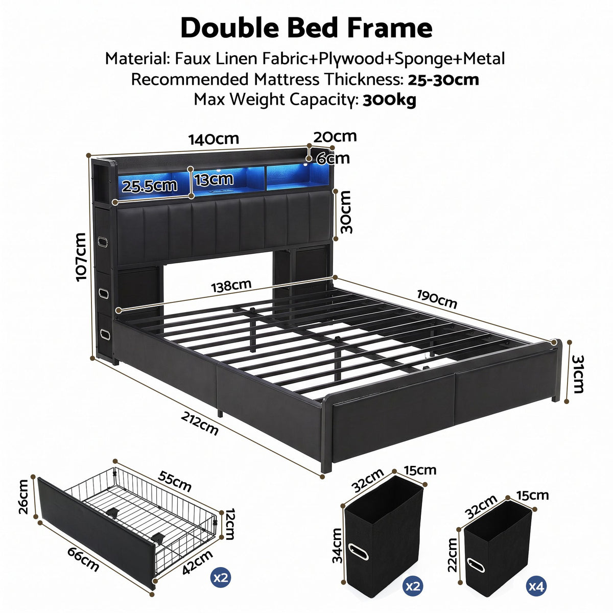 Artiss Double Bed Frame with Storage Headboard, 2 Drawers, Charging Station LED Light Awezingly