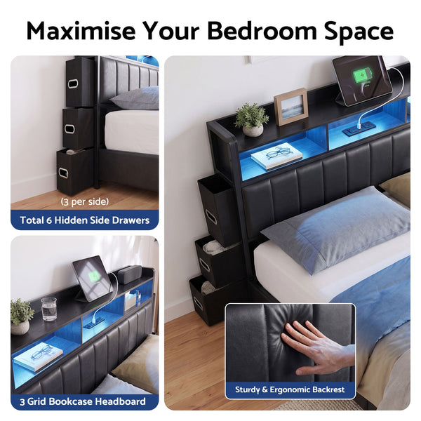 Artiss Double Bed Frame with Storage Headboard, 2 Drawers, Charging Station LED Light Awezingly