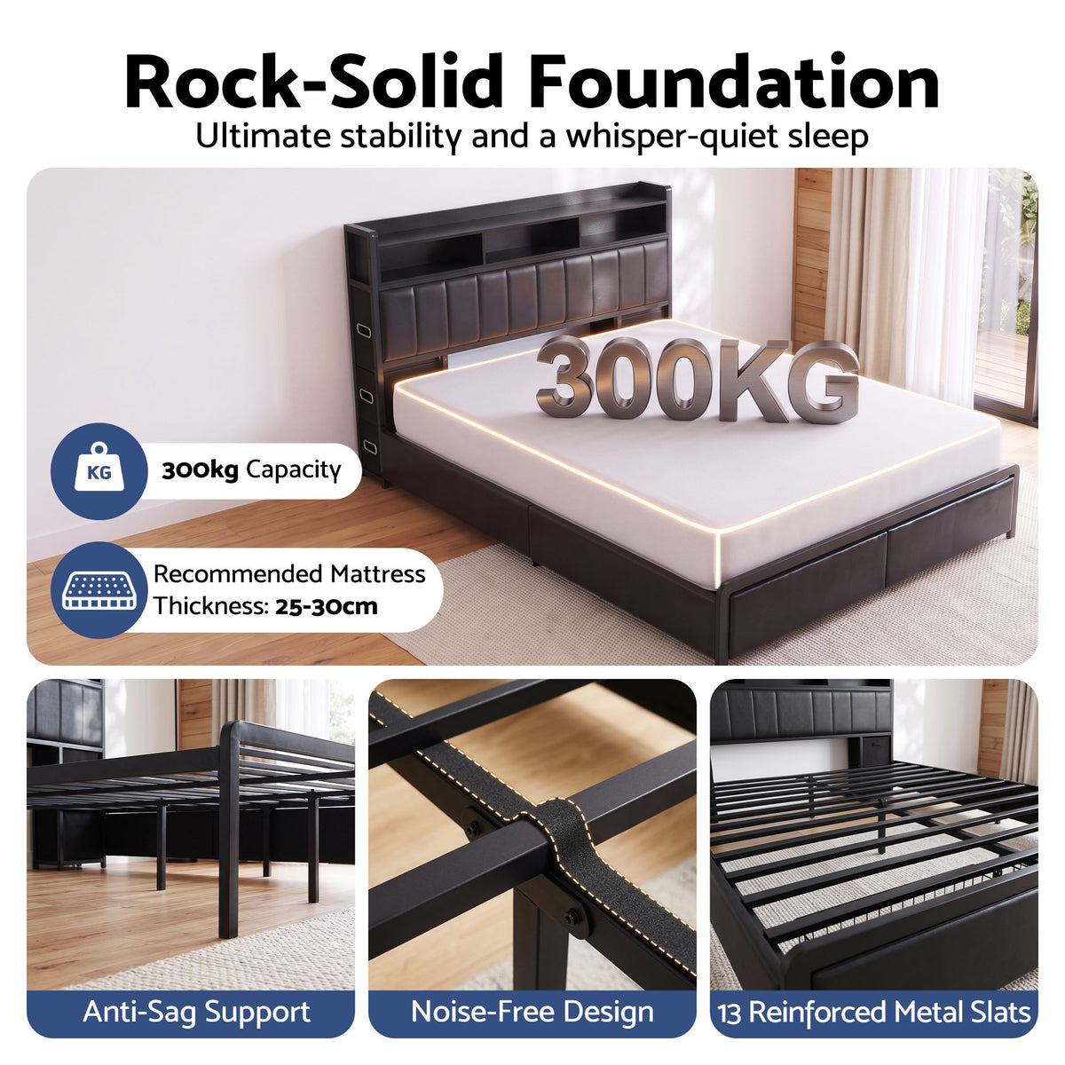 Artiss Double Bed Frame with Storage Headboard, 2 Drawers, Charging Station LED Light Awezingly