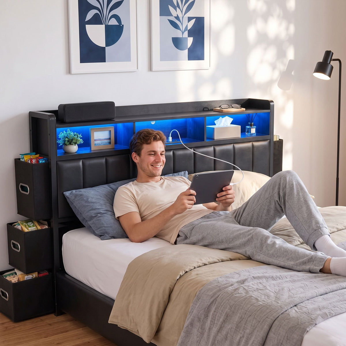 Artiss Double Bed Frame with Storage Headboard, 2 Drawers, Charging Station LED Light Awezingly