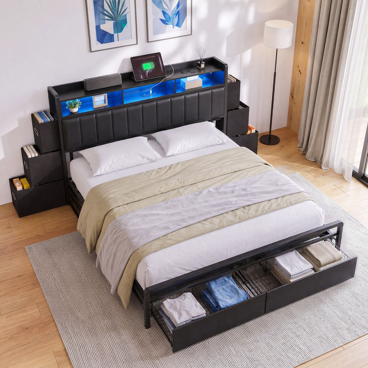 Artiss King Bed Frame with Storage Headboard, 2 Drawers, Charging Station & LED Light Awezingly