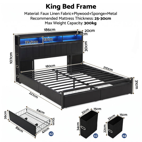 Artiss King Bed Frame with Storage Headboard, 2 Drawers, Charging Station & LED Light Awezingly