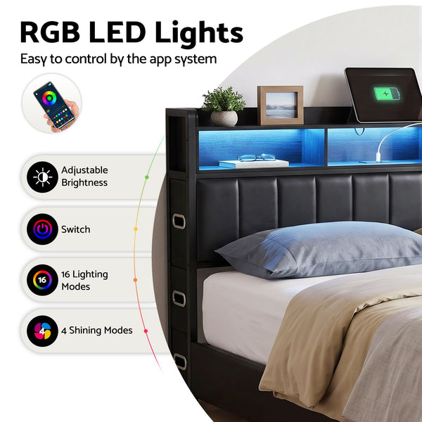 Artiss King Bed Frame with Storage Headboard, 2 Drawers, Charging Station & LED Light Awezingly
