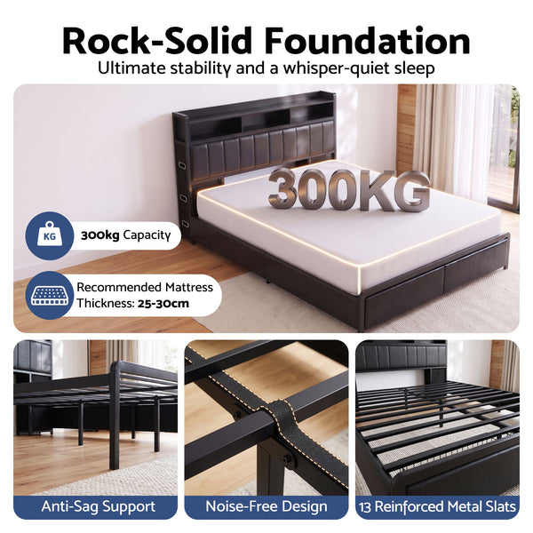 Artiss King Bed Frame with Storage Headboard, 2 Drawers, Charging Station & LED Light Awezingly