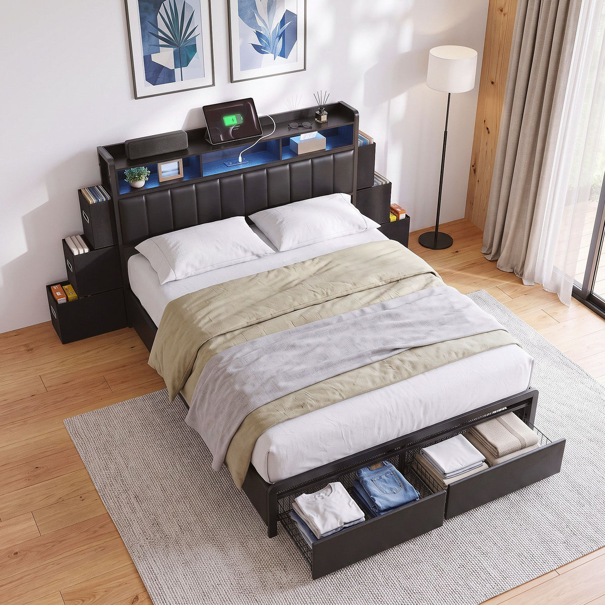 Artiss Queen Bed Frame with Storage Headboard, 2 Drawers, Charging Station& LED Light Awezingly
