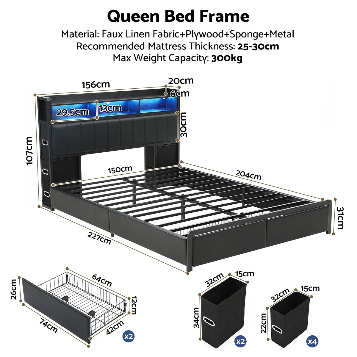 Artiss Queen Bed Frame with Storage Headboard, 2 Drawers, Charging Station& LED Light Awezingly