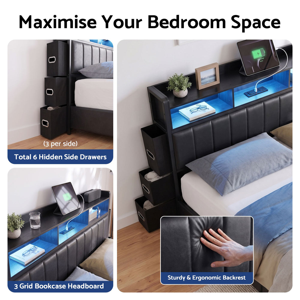 Artiss Queen Bed Frame with Storage Headboard, 2 Drawers, Charging Station& LED Light Awezingly
