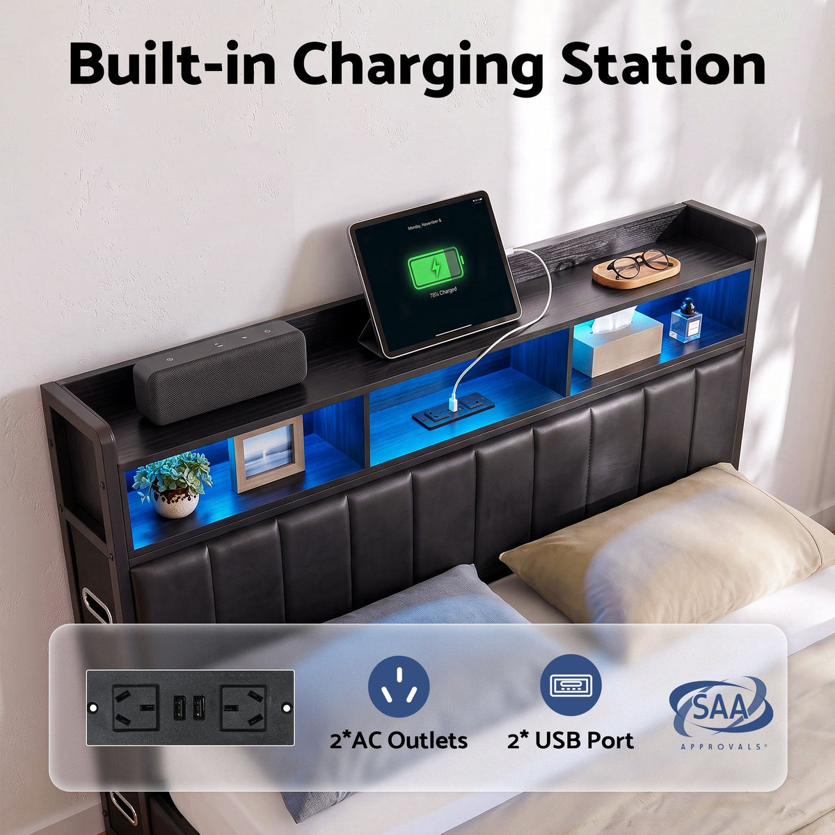 Artiss Queen Bed Frame with Storage Headboard, 2 Drawers, Charging Station& LED Light Awezingly