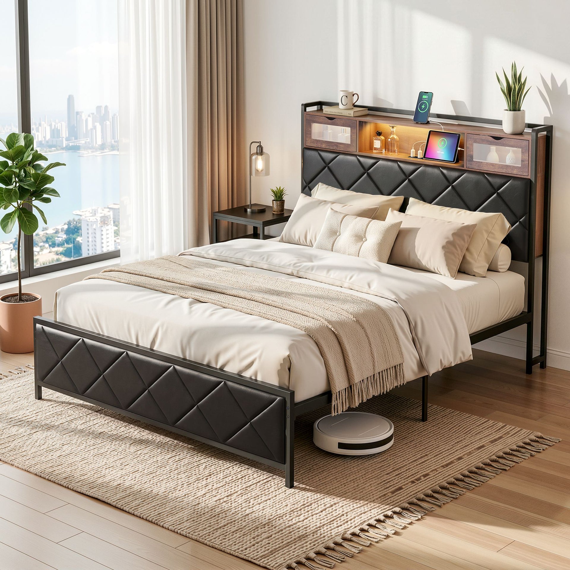 Artiss Double Bed Frame with LED Lights Storage Headboard 2 USB 2 AC Outlets Charging Station Awezingly