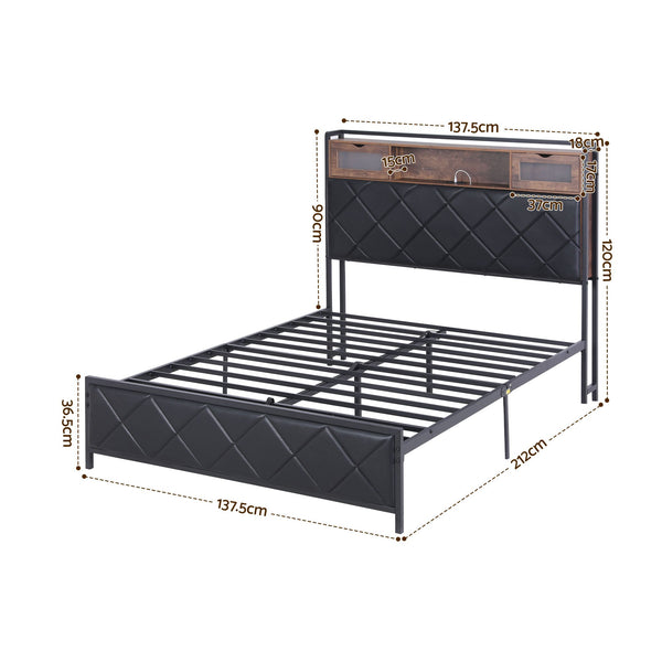 Artiss Double Bed Frame with LED Lights Storage Headboard 2 USB 2 AC Outlets Charging Station Awezingly