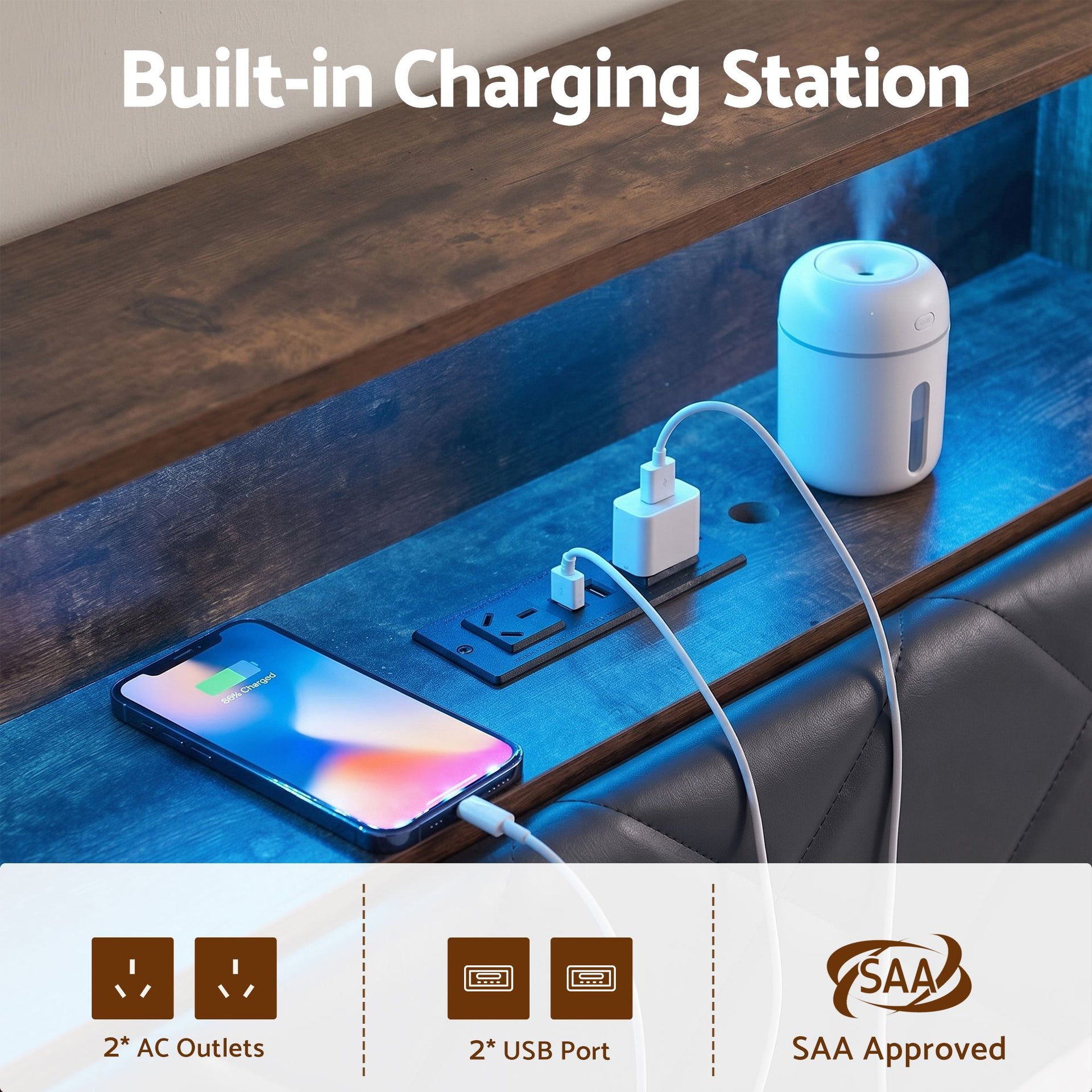 Artiss Double Bed Frame with LED Lights Storage Headboard 2 USB 2 AC Outlets Charging Station Awezingly