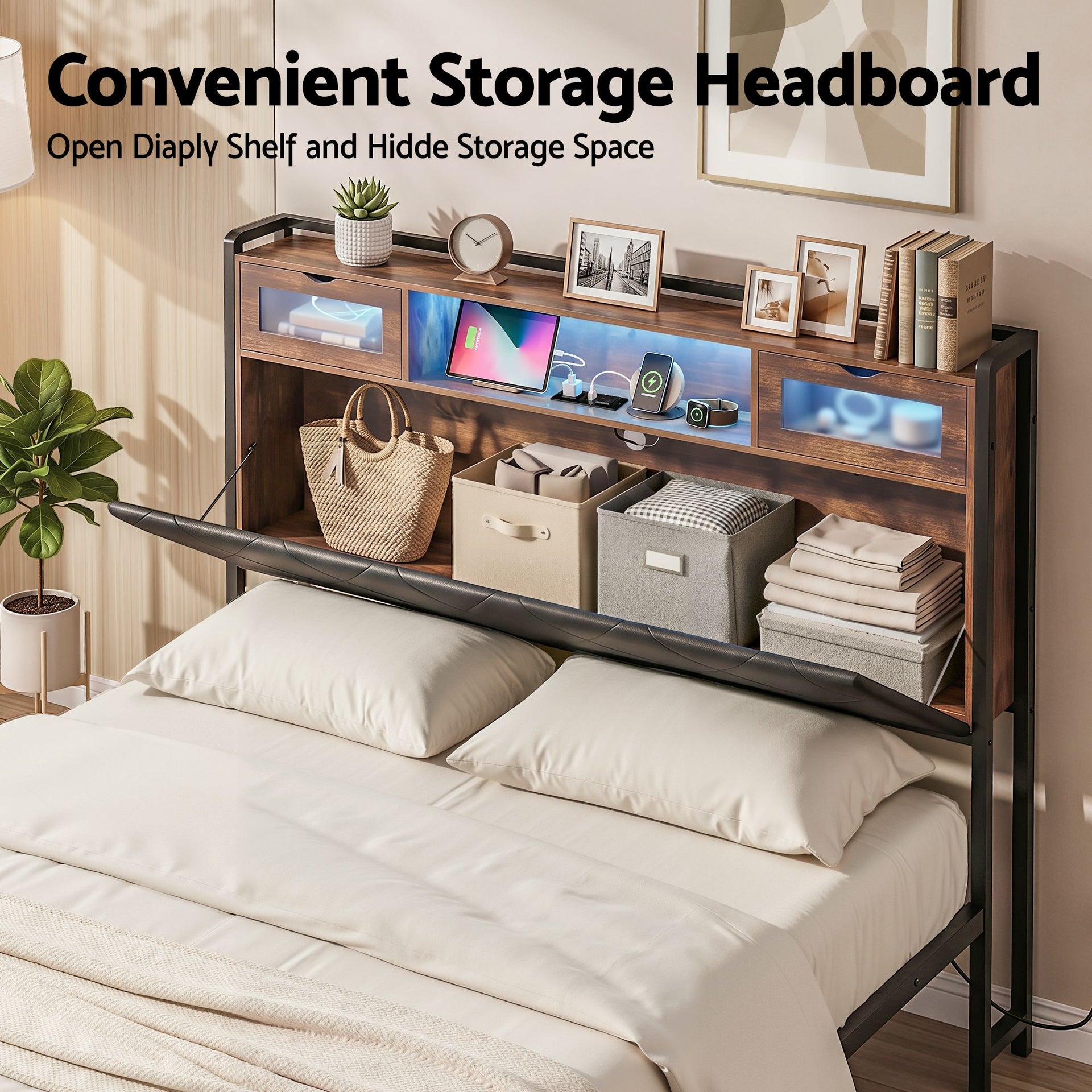 Artiss Double Bed Frame with LED Lights Storage Headboard 2 USB 2 AC Outlets Charging Station Awezingly