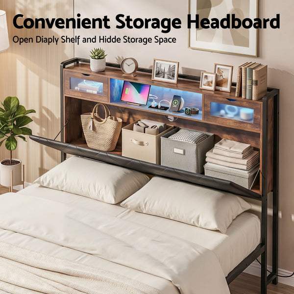 Artiss Double Bed Frame with LED Lights Storage Headboard 2 USB 2 AC Outlets Charging Station Awezingly