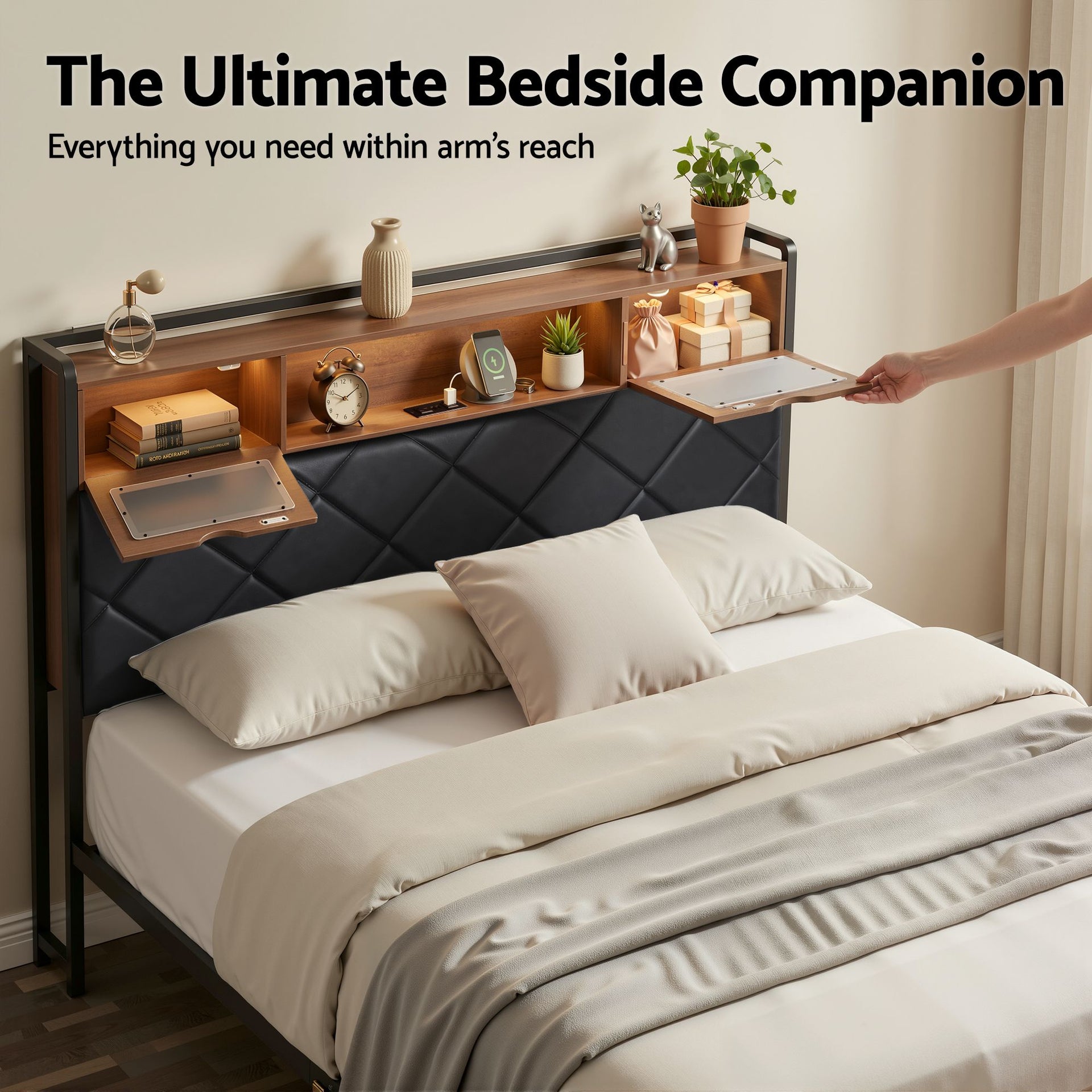 Artiss Double Bed Frame with LED Lights Storage Headboard 2 USB 2 AC Outlets Charging Station Awezingly