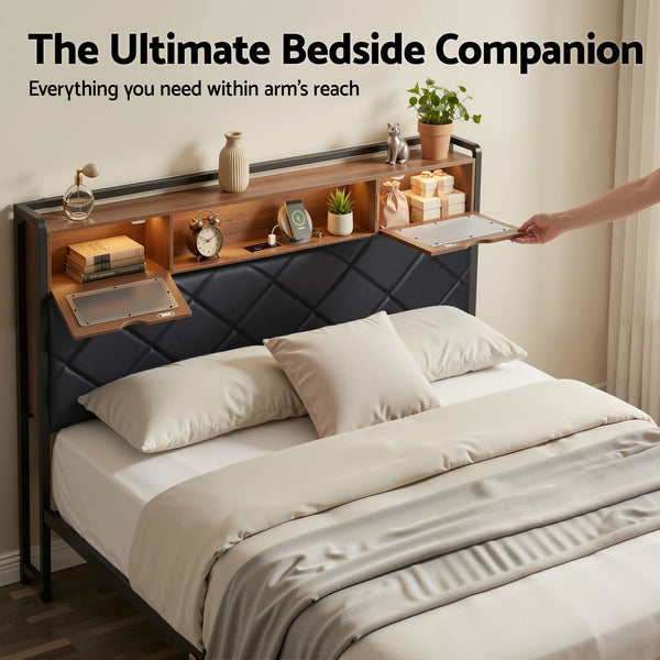 Artiss Double Bed Frame with LED Lights Storage Headboard 2 USB 2 AC Outlets Charging Station Awezingly