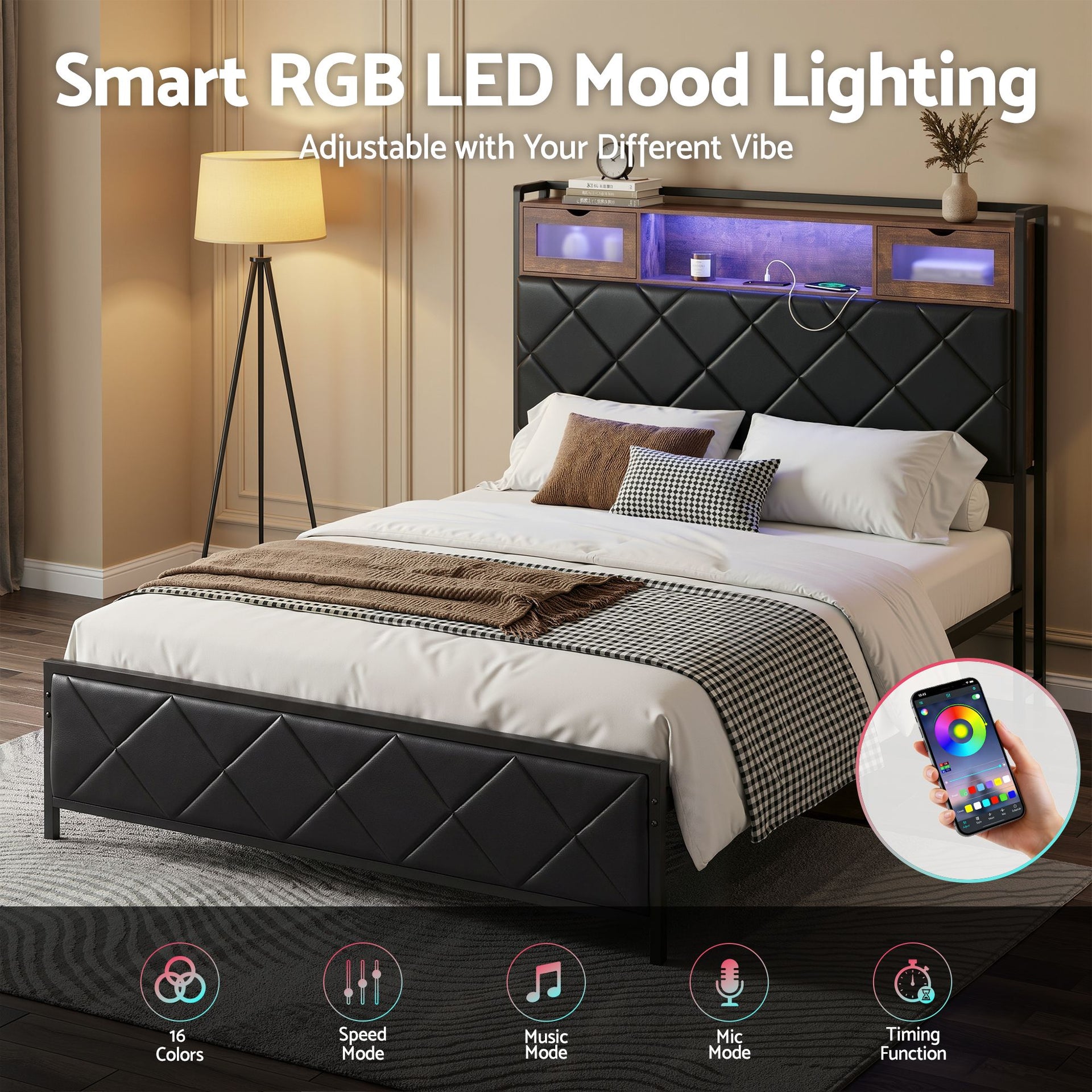 Artiss Double Bed Frame with LED Lights Storage Headboard 2 USB 2 AC Outlets Charging Station Awezingly