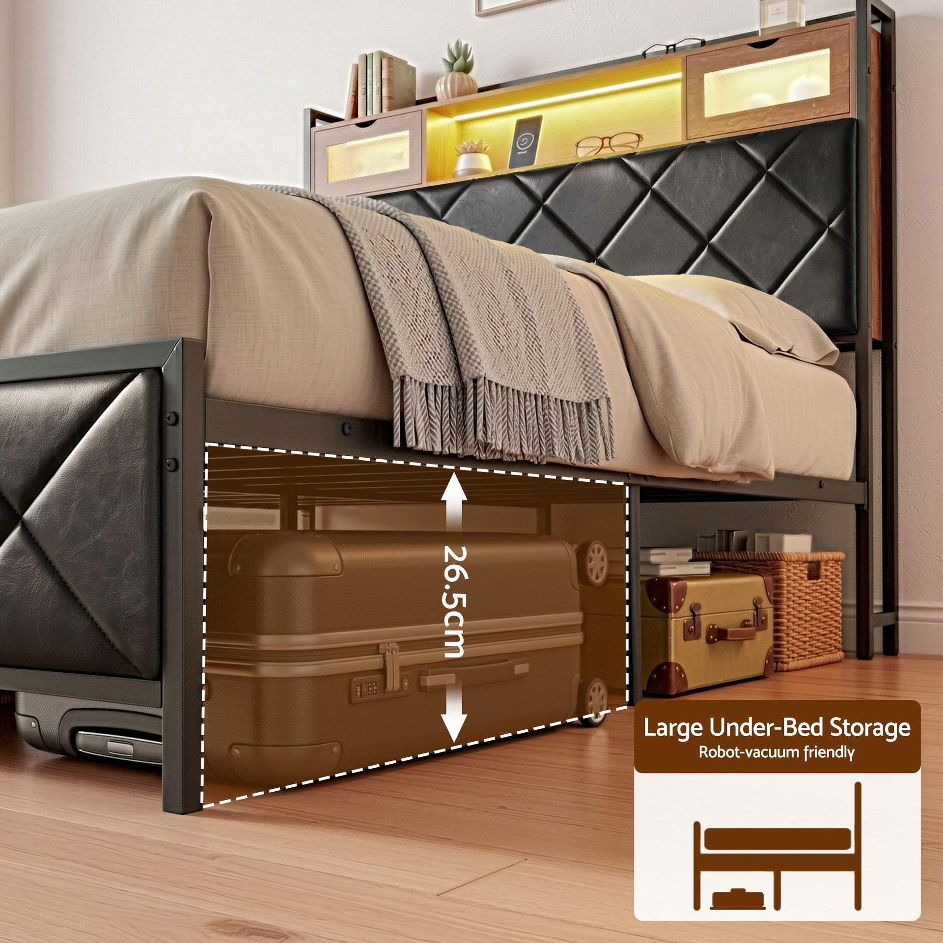 Artiss Double Bed Frame with LED Lights Storage Headboard 2 USB 2 AC Outlets Charging Station Awezingly