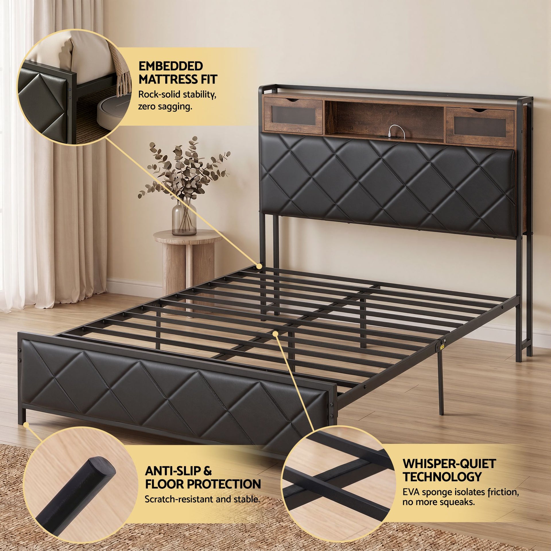 Artiss Double Bed Frame with LED Lights Storage Headboard 2 USB 2 AC Outlets Charging Station Awezingly