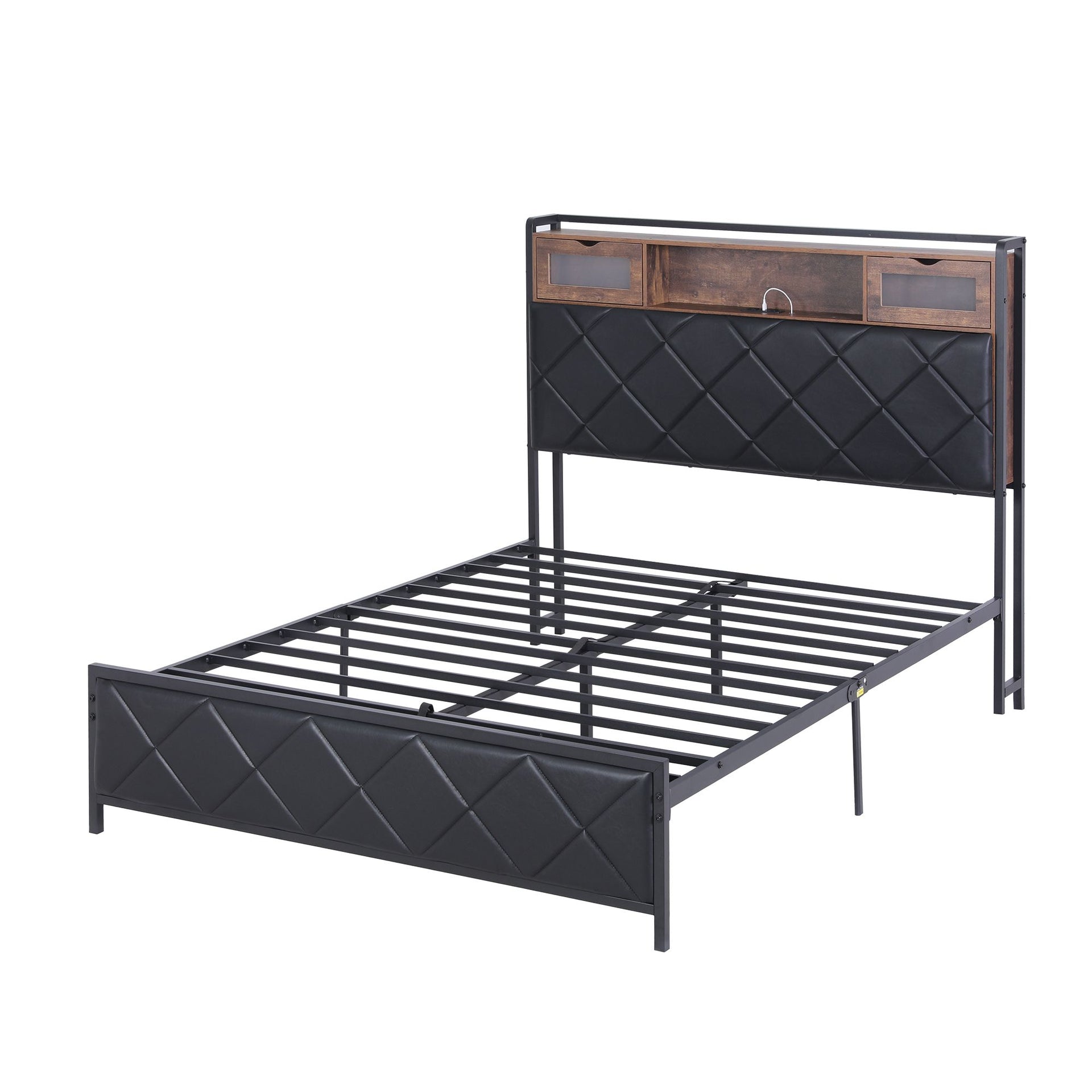 Artiss Double Bed Frame with LED Lights Storage Headboard 2 USB 2 AC Outlets Charging Station Awezingly