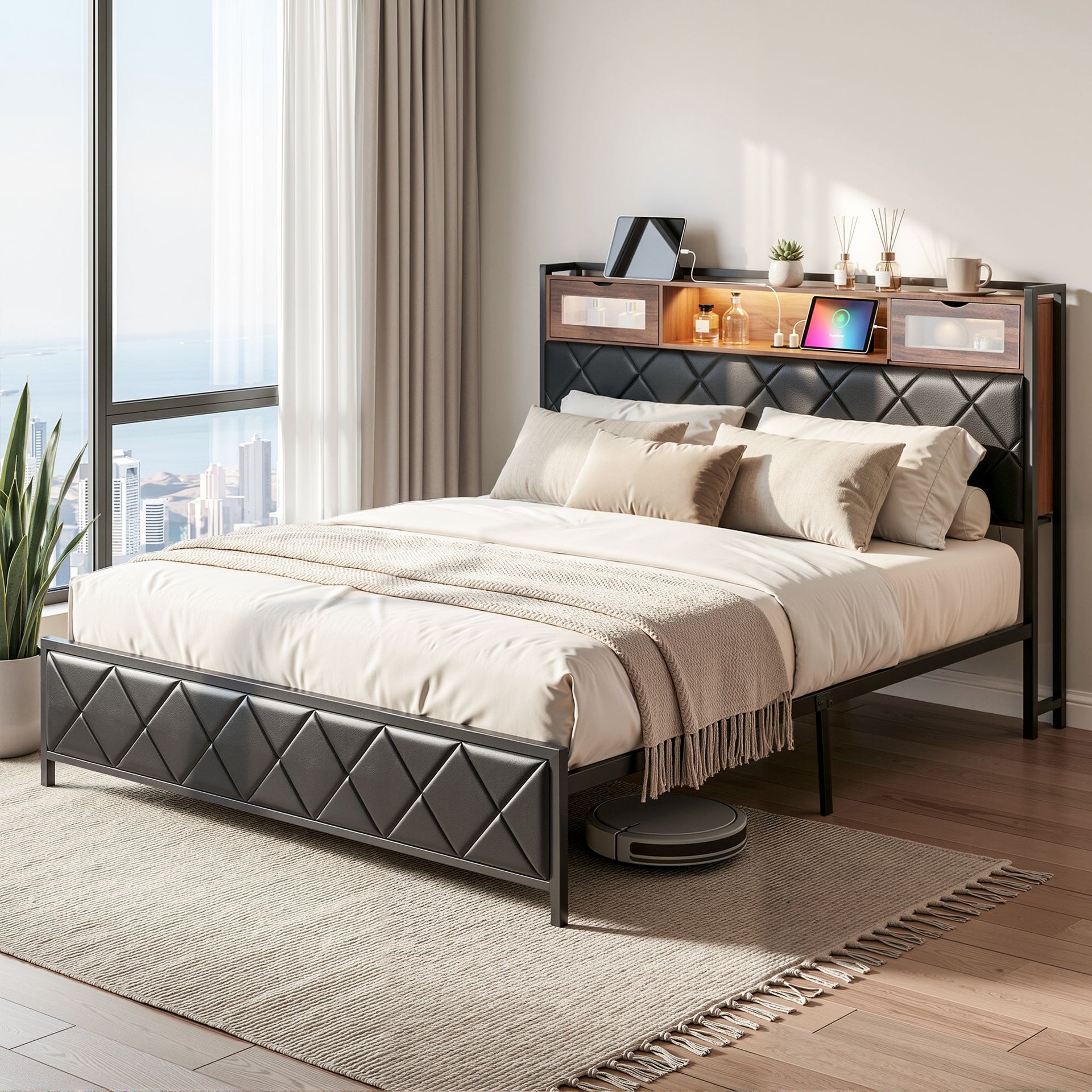 Artiss King Bed Frame with LED Lights and Storage Headboard Charging Station Awezingly