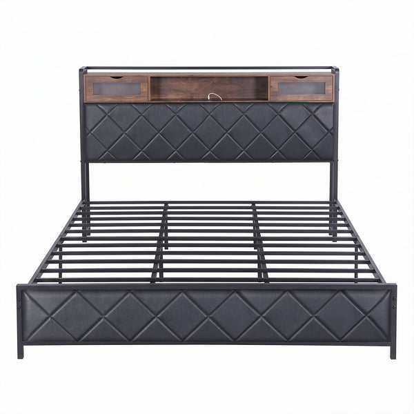 Artiss King Bed Frame with LED Lights and Storage Headboard Charging Station Awezingly