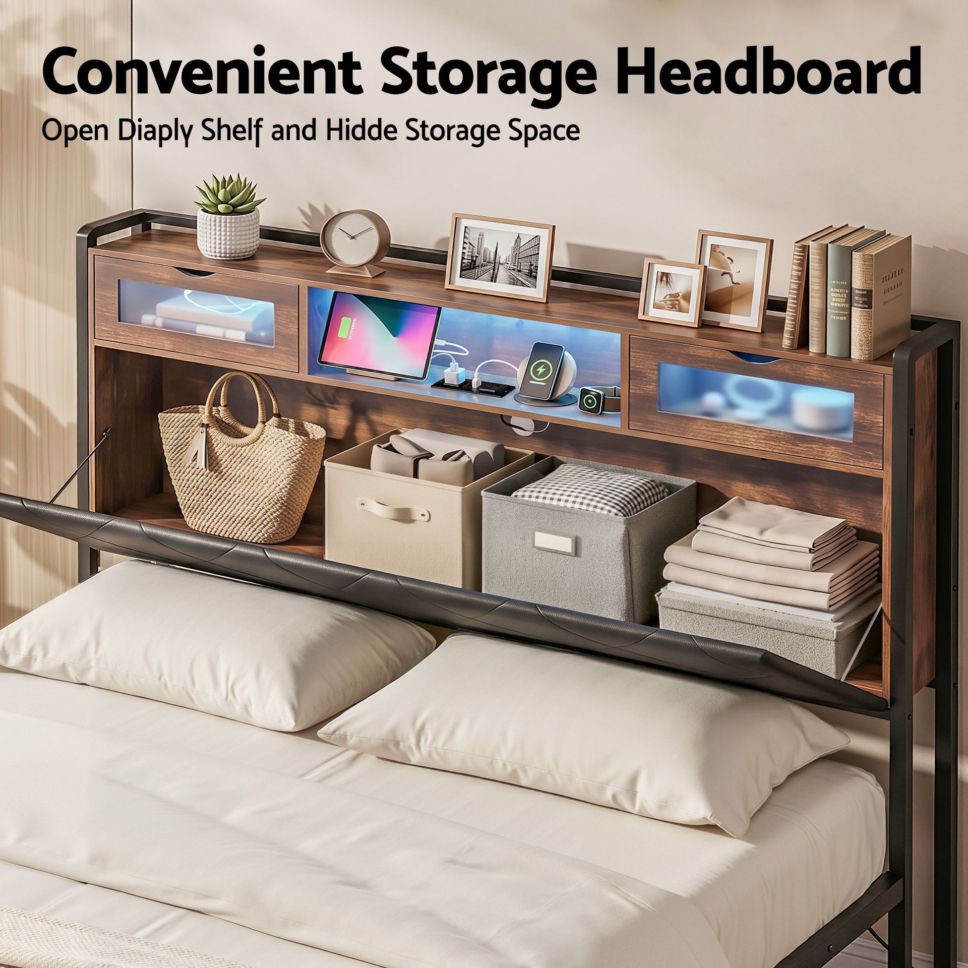 Artiss King Bed Frame with LED Lights and Storage Headboard Charging Station Awezingly