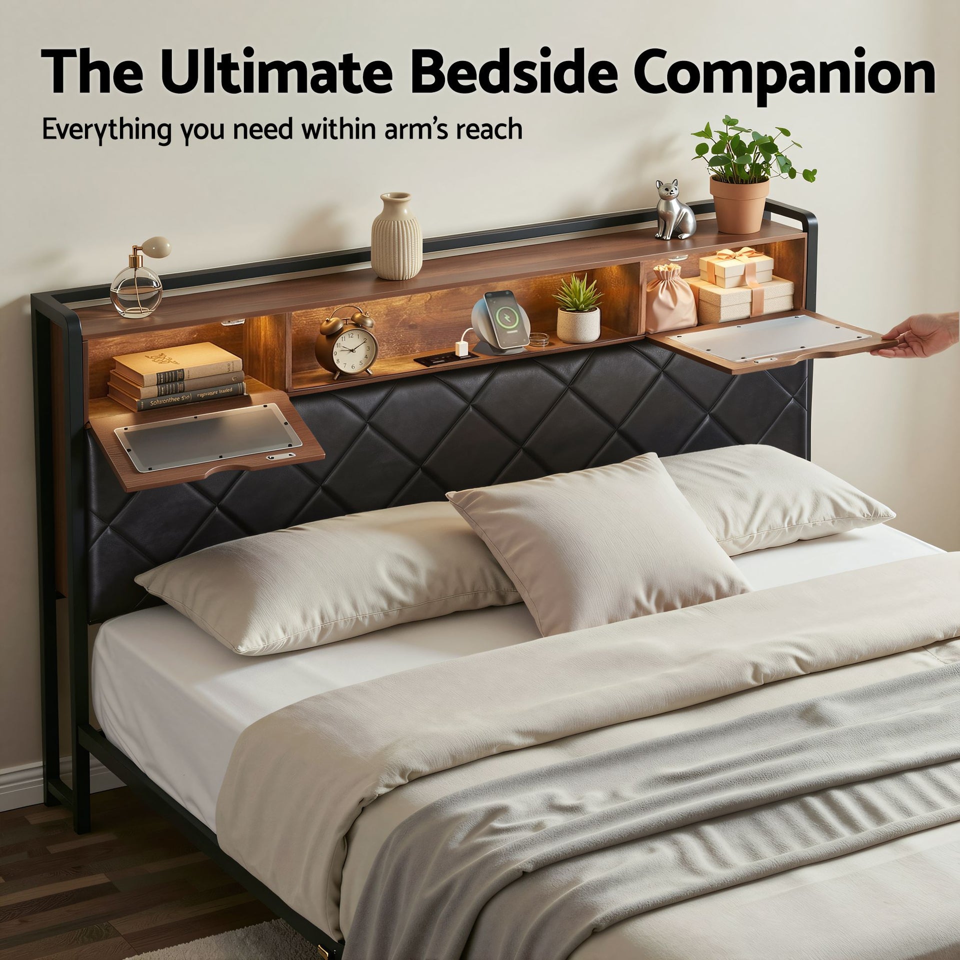 Artiss King Bed Frame with LED Lights and Storage Headboard Charging Station Awezingly