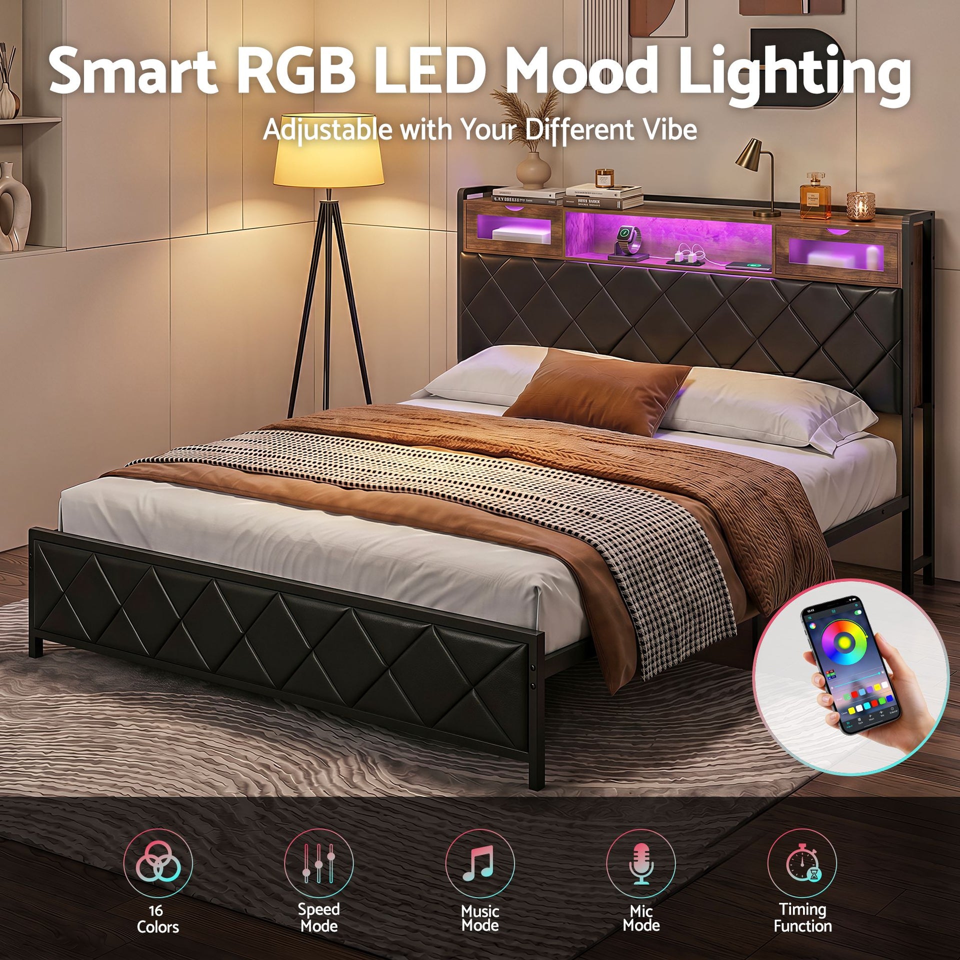 Artiss King Bed Frame with LED Lights and Storage Headboard Charging Station Awezingly