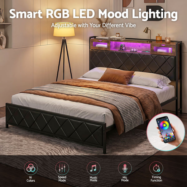 Artiss King Bed Frame with LED Lights and Storage Headboard Charging Station Awezingly