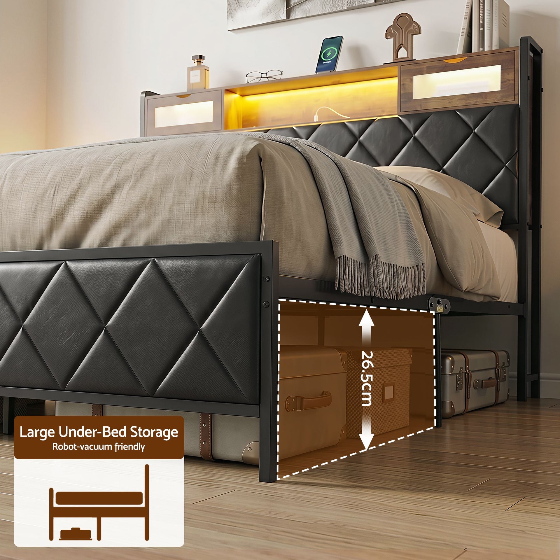 Artiss King Bed Frame with LED Lights and Storage Headboard Charging Station Awezingly