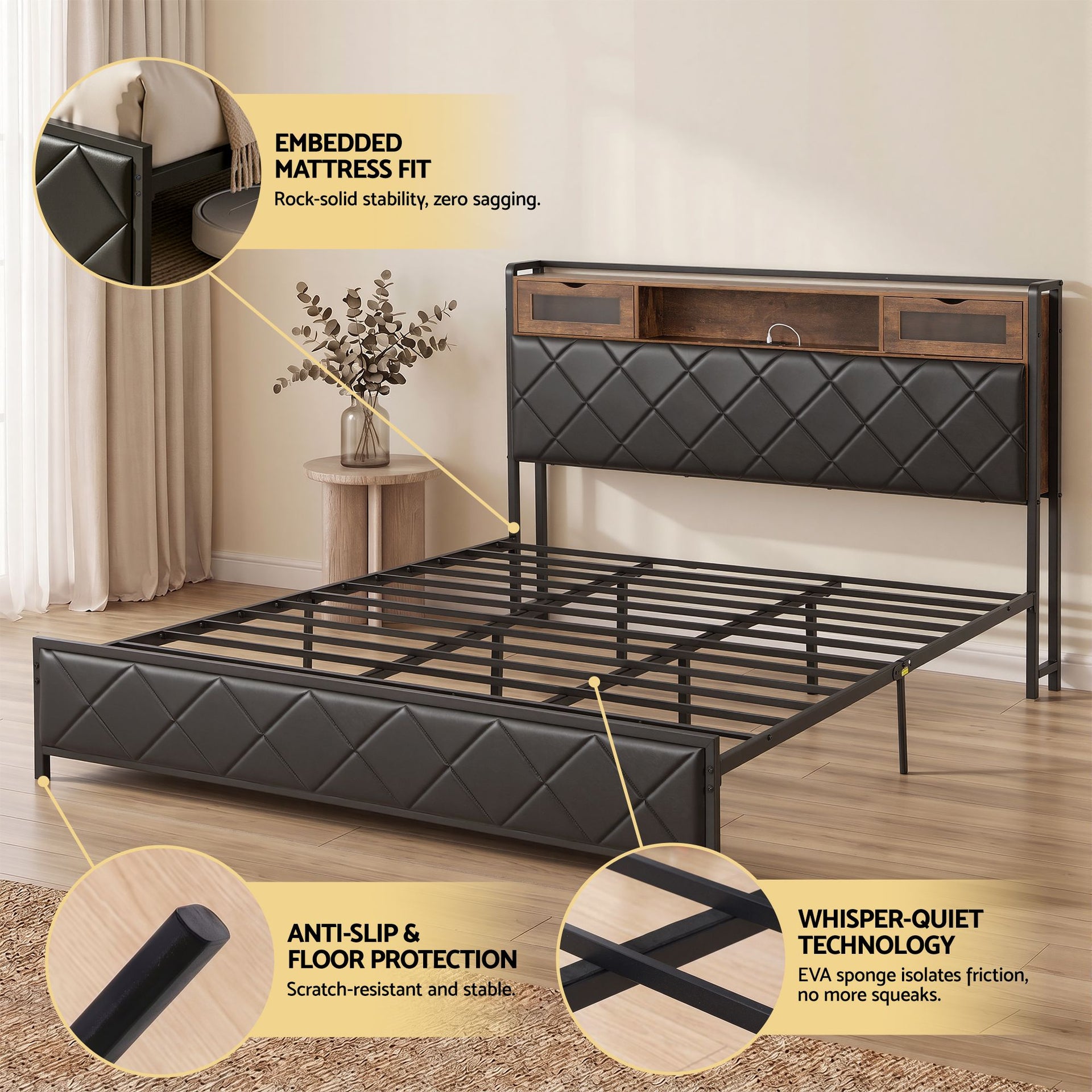 Artiss King Bed Frame with LED Lights and Storage Headboard Charging Station Awezingly