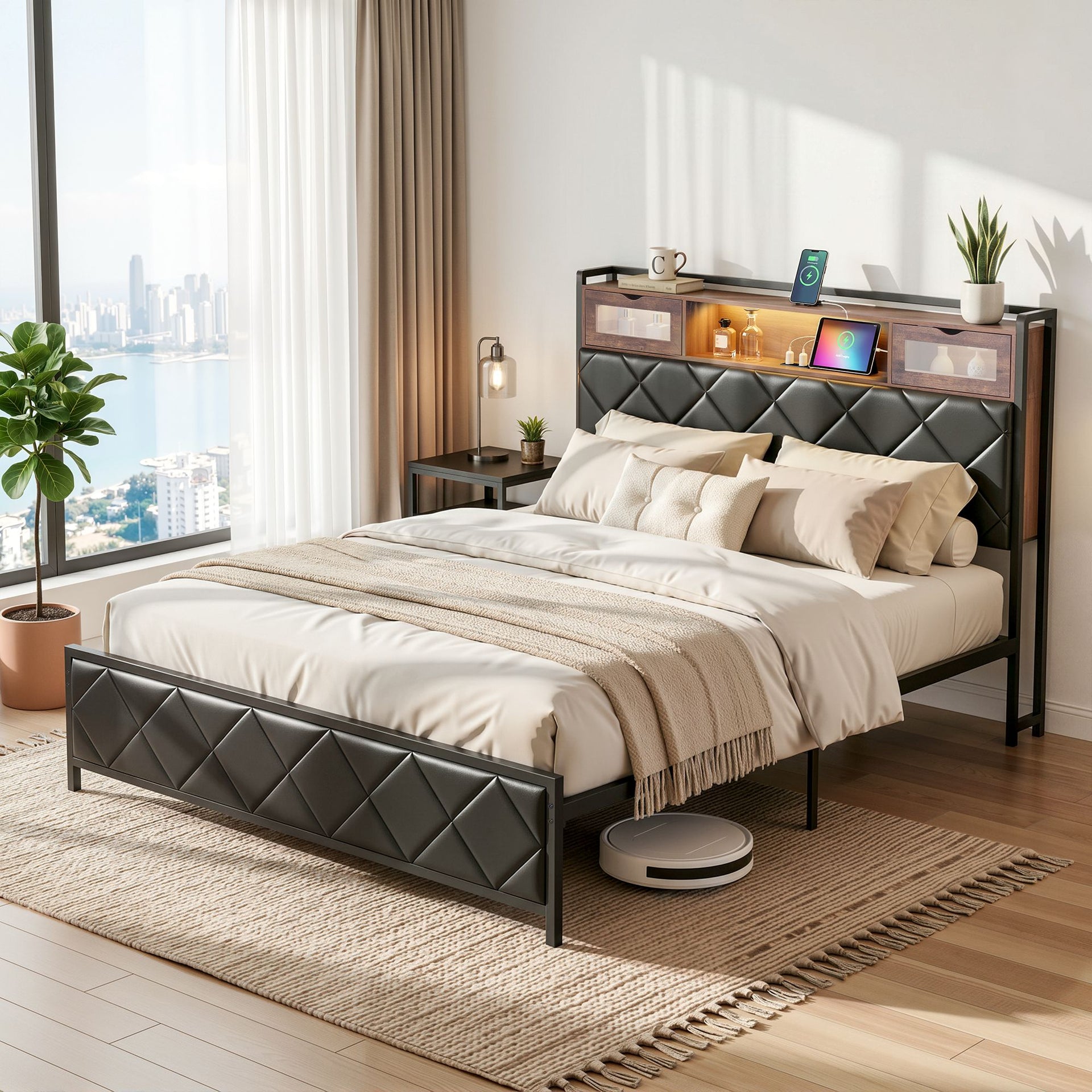 Artiss Queen Bed Frame with LED Lights and Storage Headboard Charging Station Awezingly
