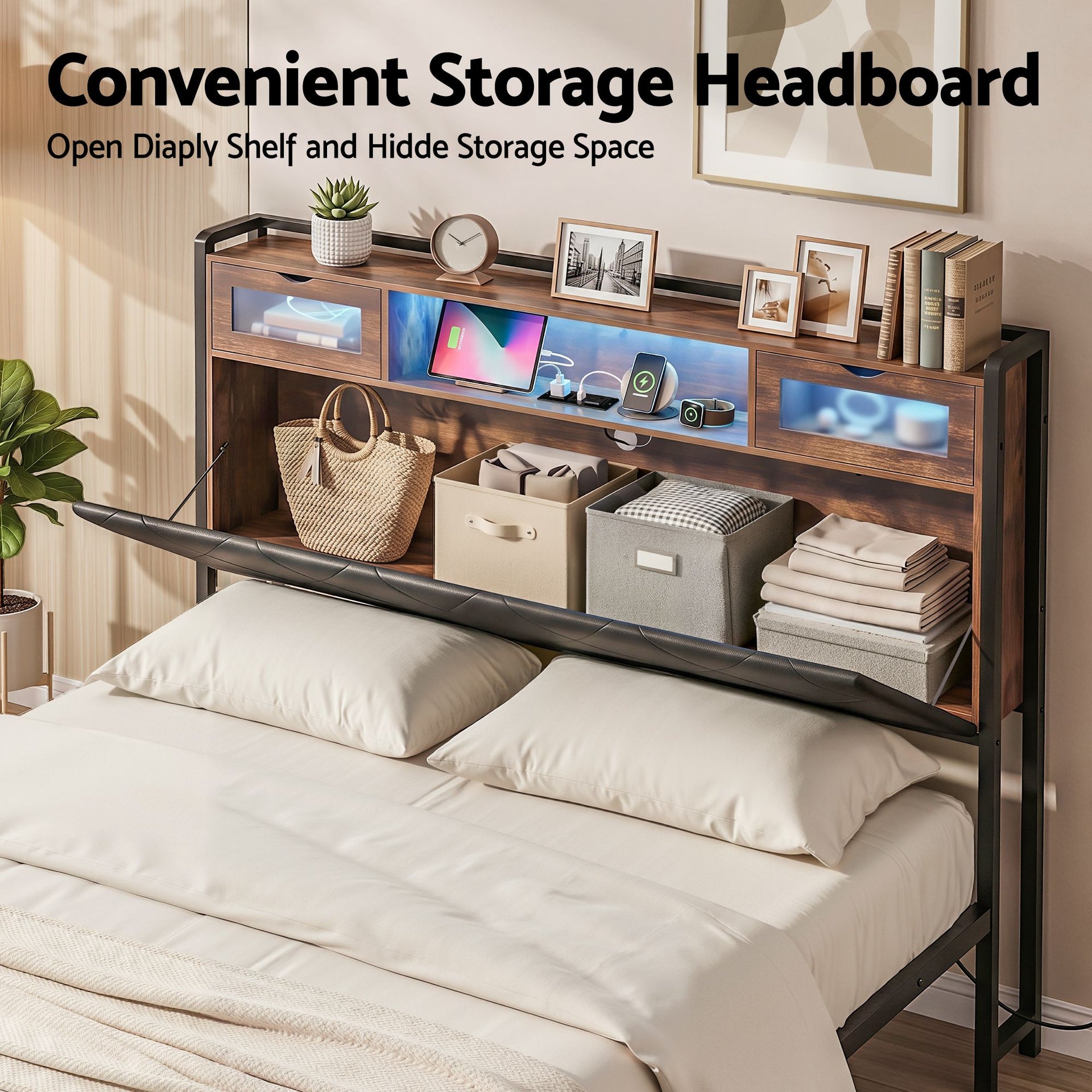 Artiss Queen Bed Frame with LED Lights and Storage Headboard Charging Station Awezingly