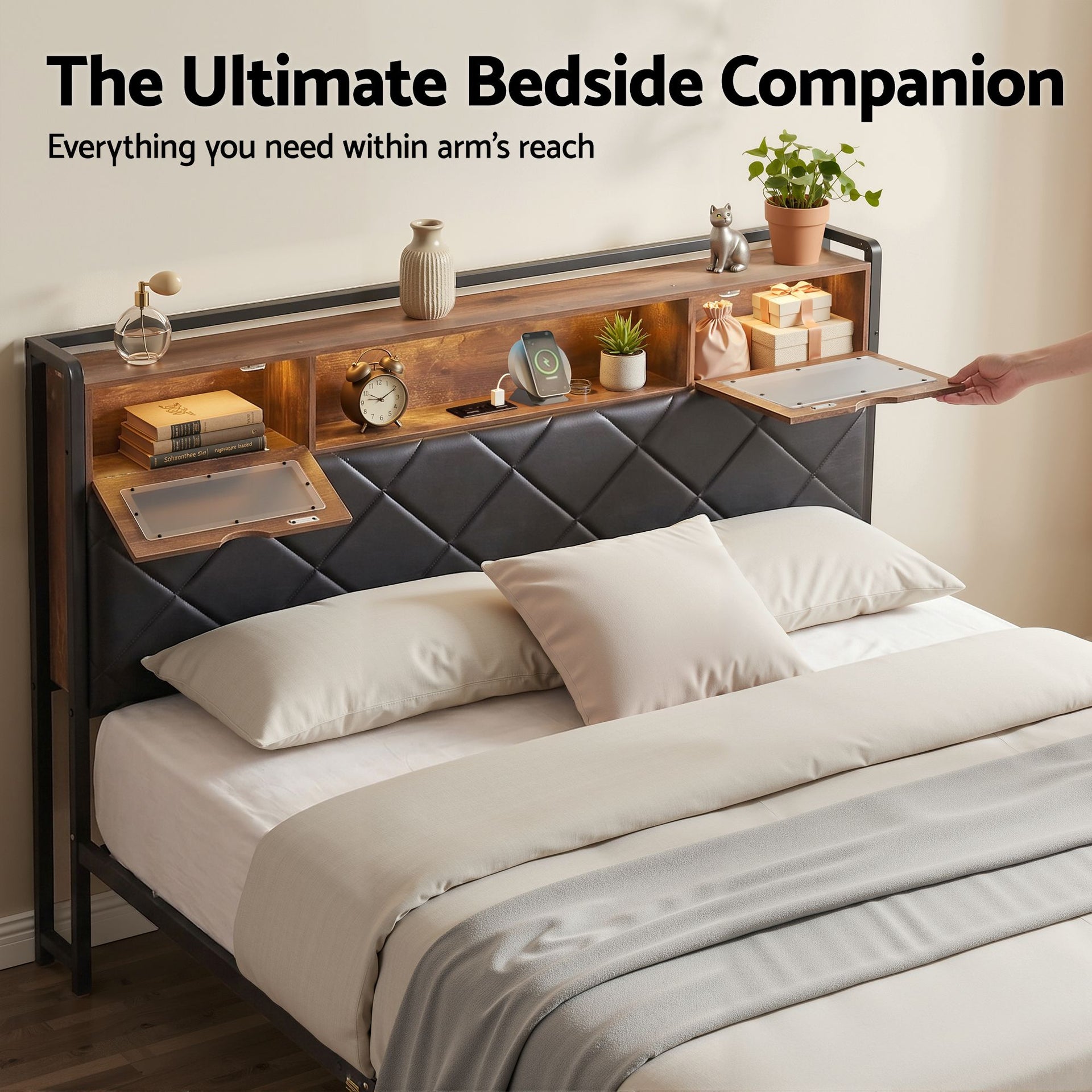 Artiss Queen Bed Frame with LED Lights and Storage Headboard Charging Station Awezingly