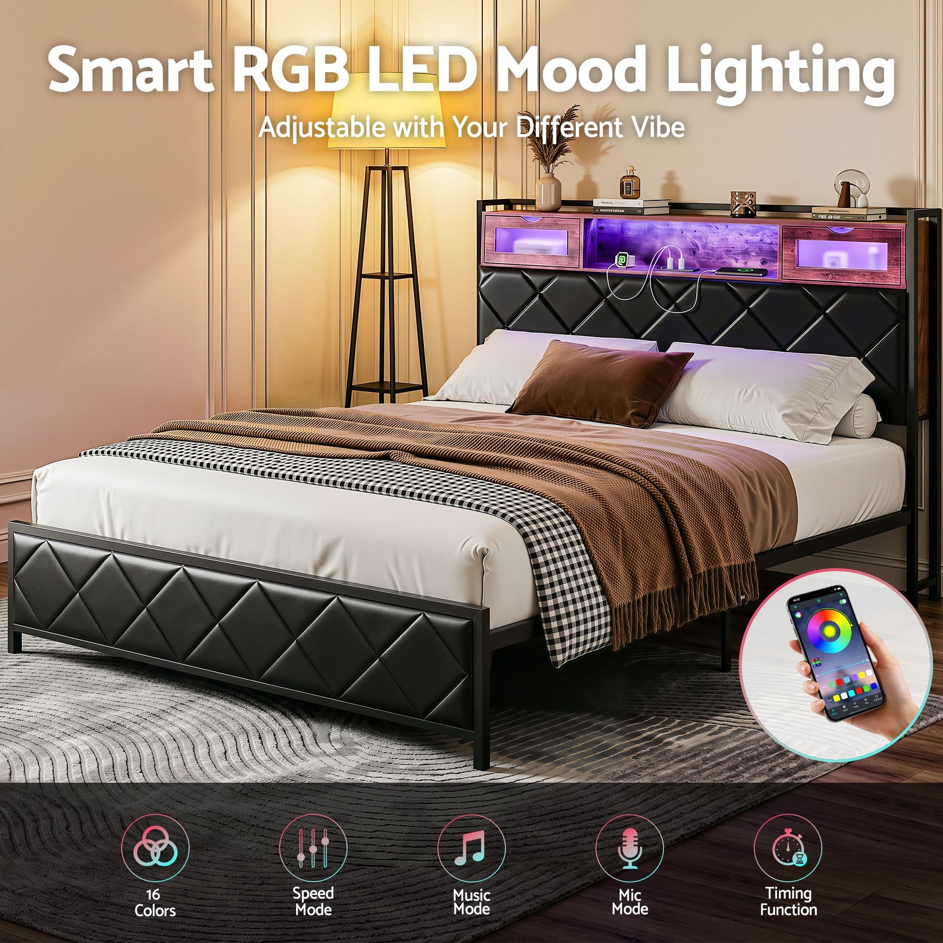Artiss Queen Bed Frame with LED Lights and Storage Headboard Charging Station Awezingly