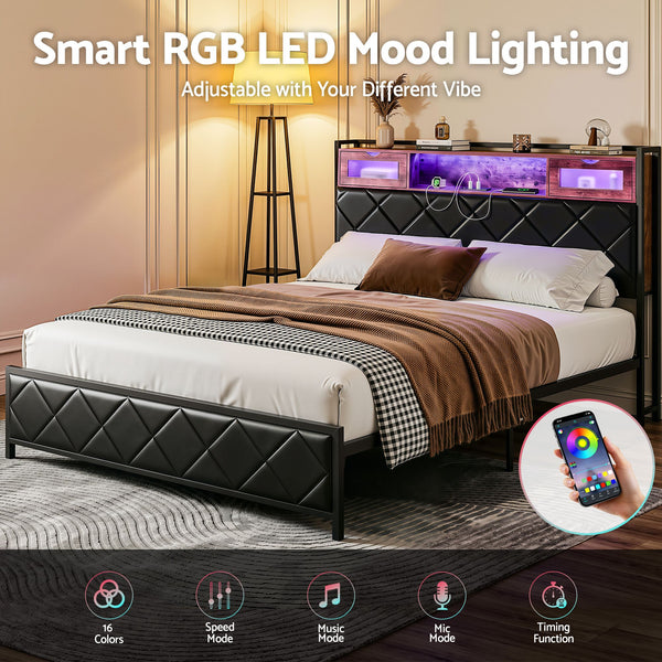 Artiss Queen Bed Frame with LED Lights and Storage Headboard Charging Station Awezingly