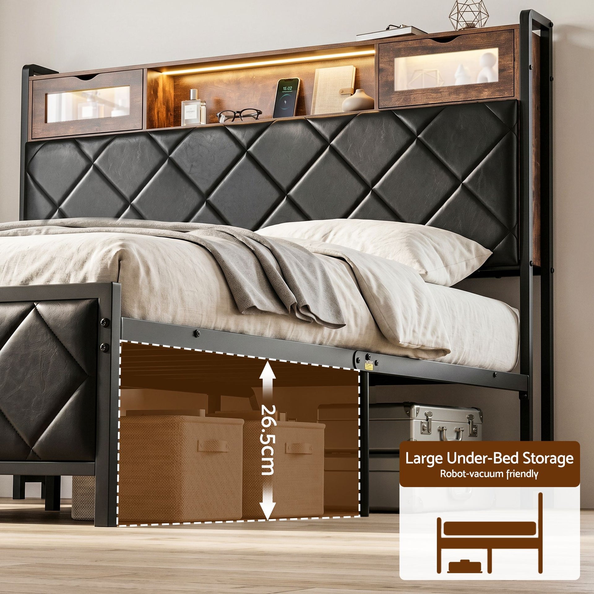 Artiss Queen Bed Frame with LED Lights and Storage Headboard Charging Station Awezingly