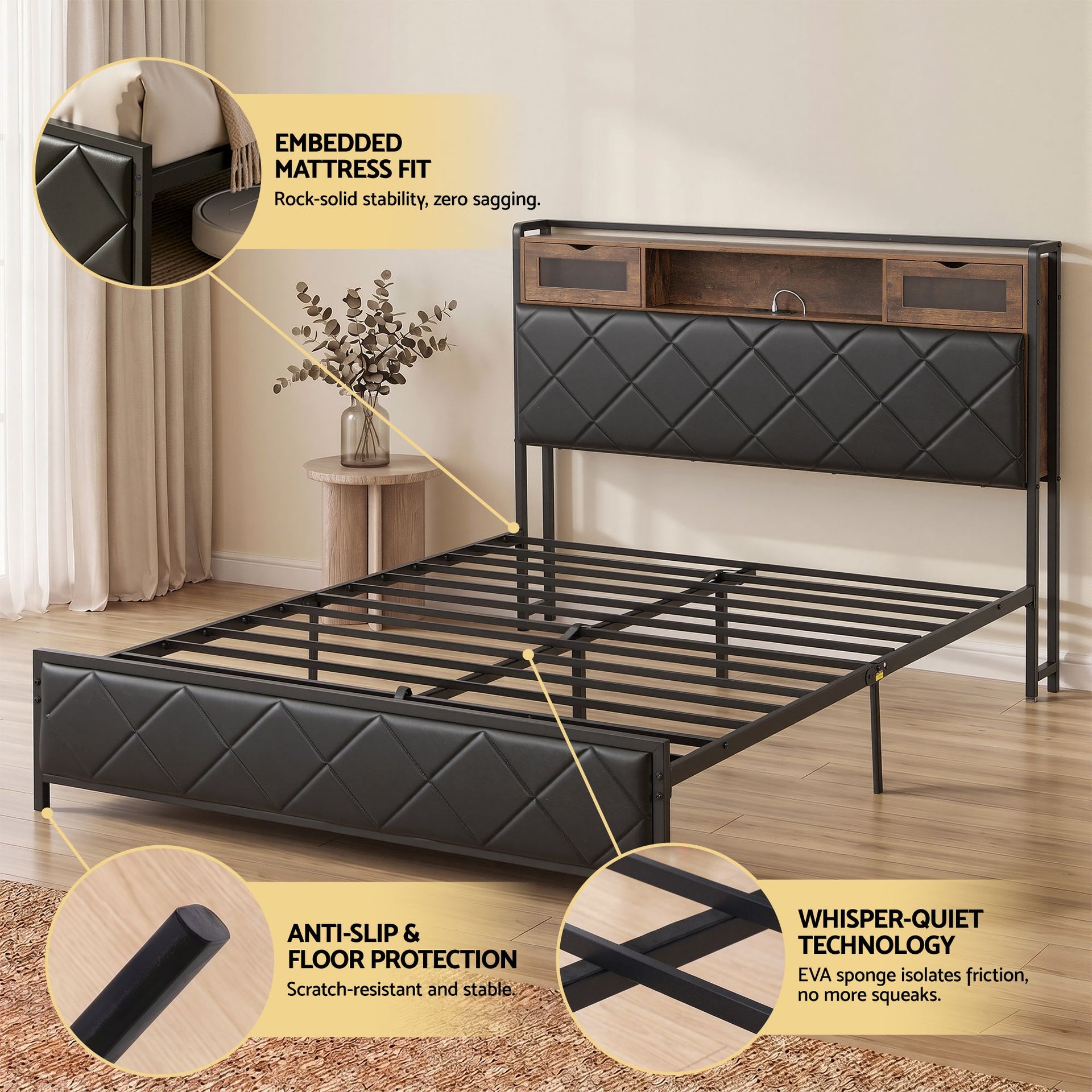 Artiss Queen Bed Frame with LED Lights and Storage Headboard Charging Station Awezingly