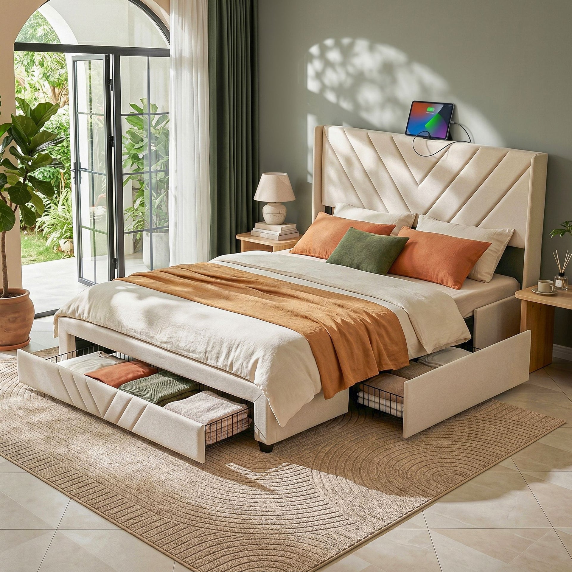 Artiss Double Bed Frame with Charging Station and Storage Drawers Beige 300KG Noise Free Awezingly