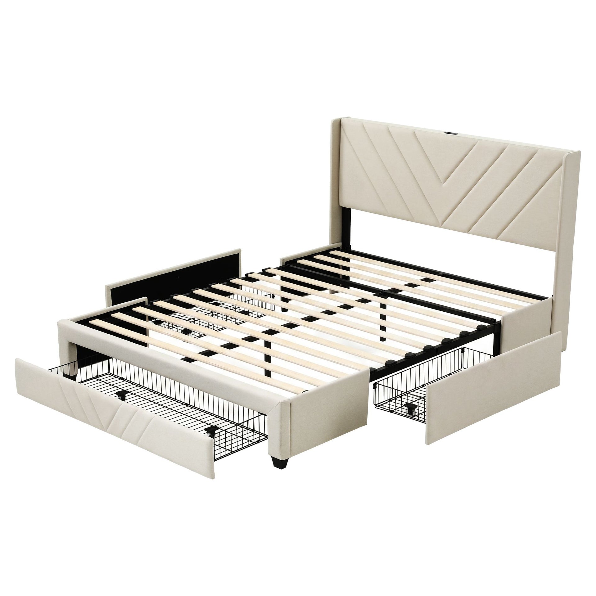 Artiss Double Bed Frame with Charging Station and Storage Drawers Beige 300KG Noise Free Awezingly