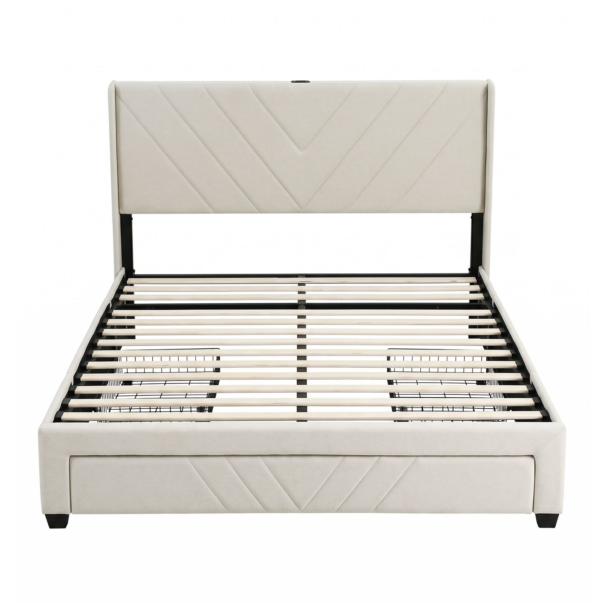 Artiss King Bed Frame with Charging Station and Storage Drawers Beige 300KG Noise Free Awezingly
