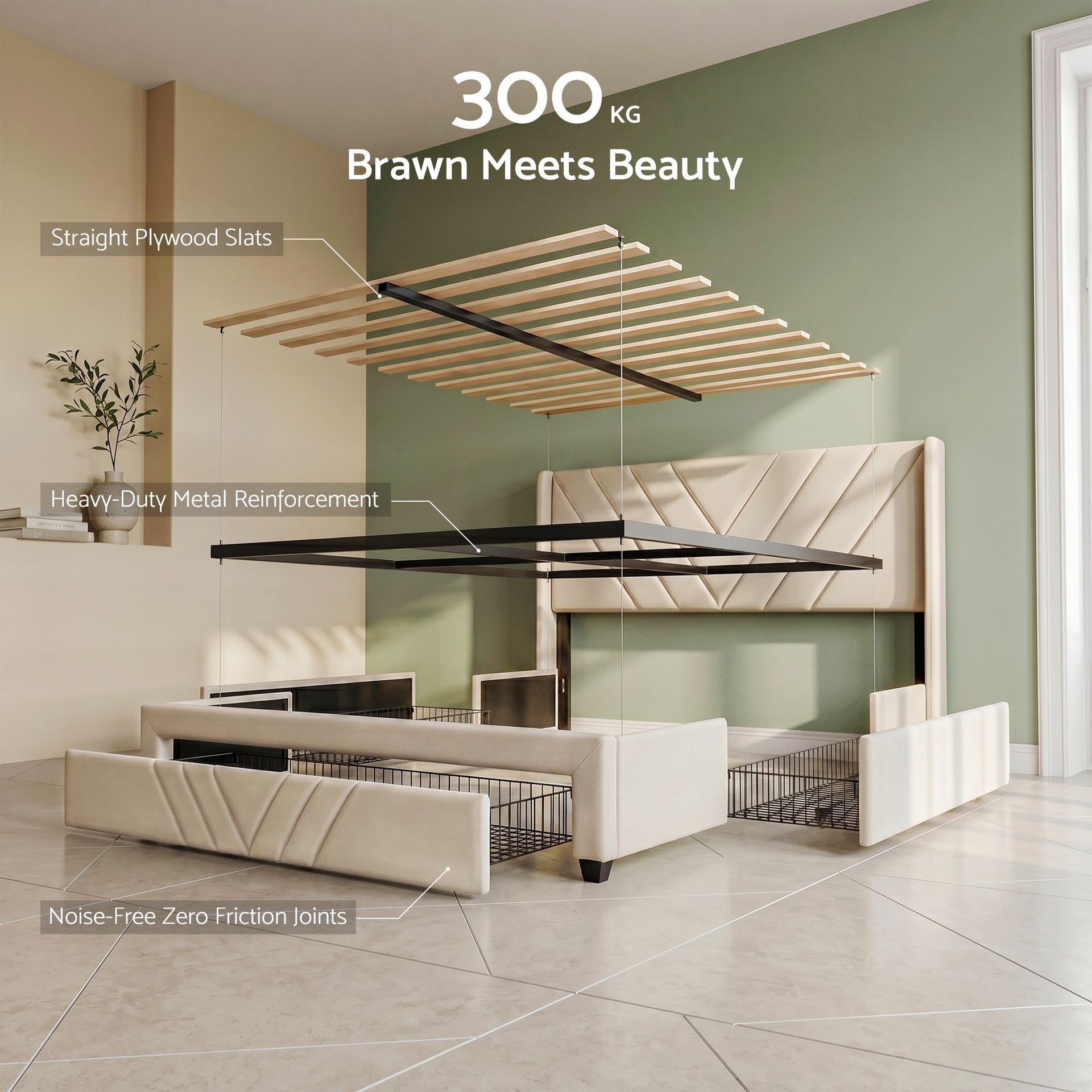 Artiss King Bed Frame with Charging Station and Storage Drawers Beige 300KG Noise Free Awezingly