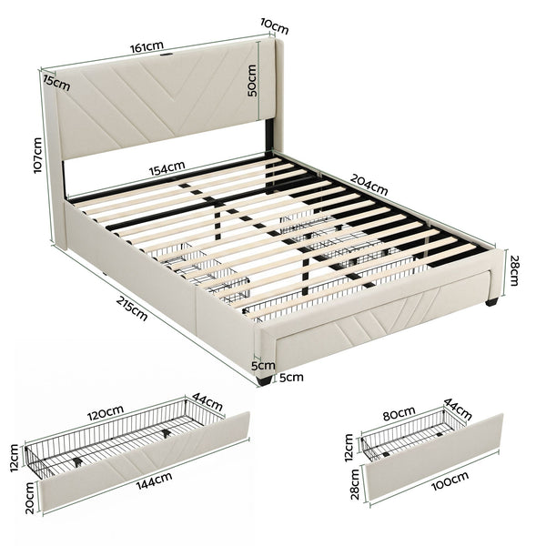 Artiss Queen Bed Frame with Charging Station and Storage Drawers Beige 300KG Noise Free Awezingly